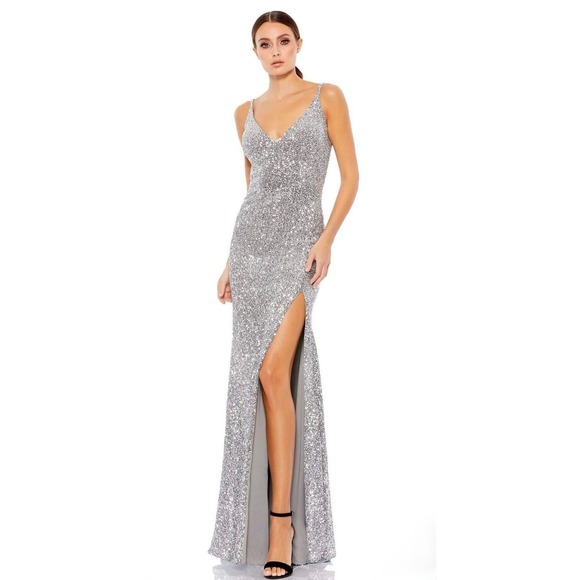 Mac Duggal 67717 Sequin Slip Gown – Pewter – Size 12 – NWT
